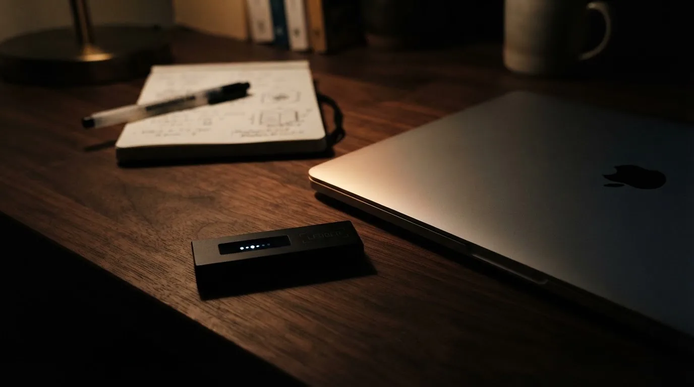 A hardware wallet and a closed laptop on a desk in dim light