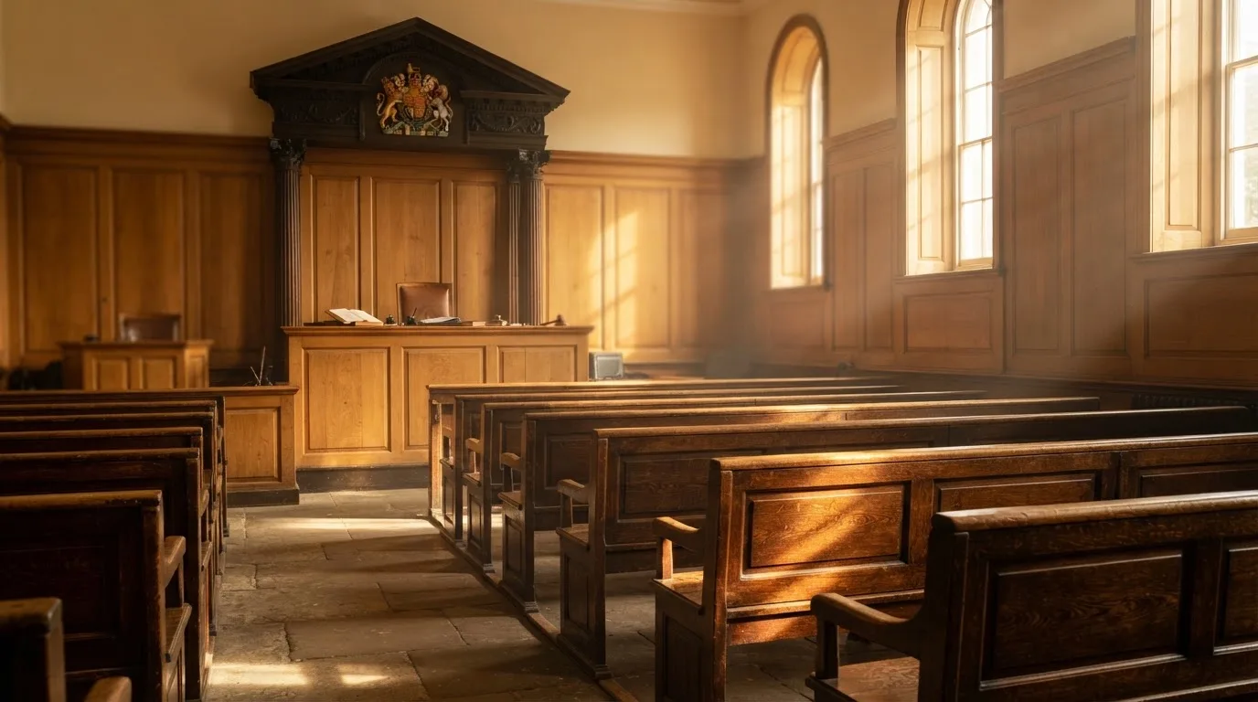 An empty courtroom with wooden benches in morning light