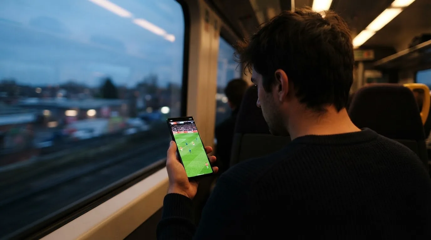 A hand holding a smartphone on a train in the evening, screen turned away