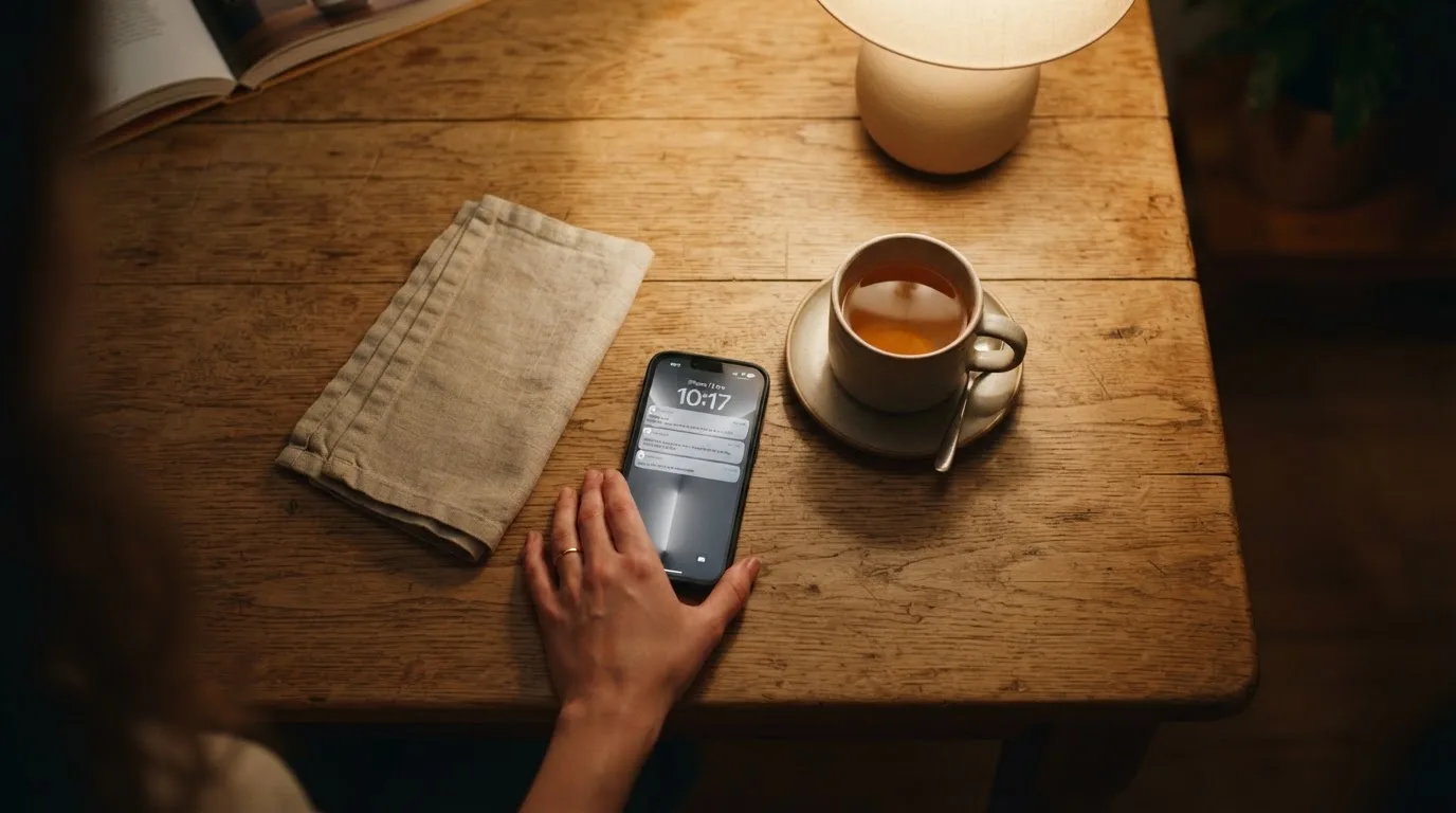 A hand setting a smartphone down beside a cup of tea on a kitchen table on a quiet evening